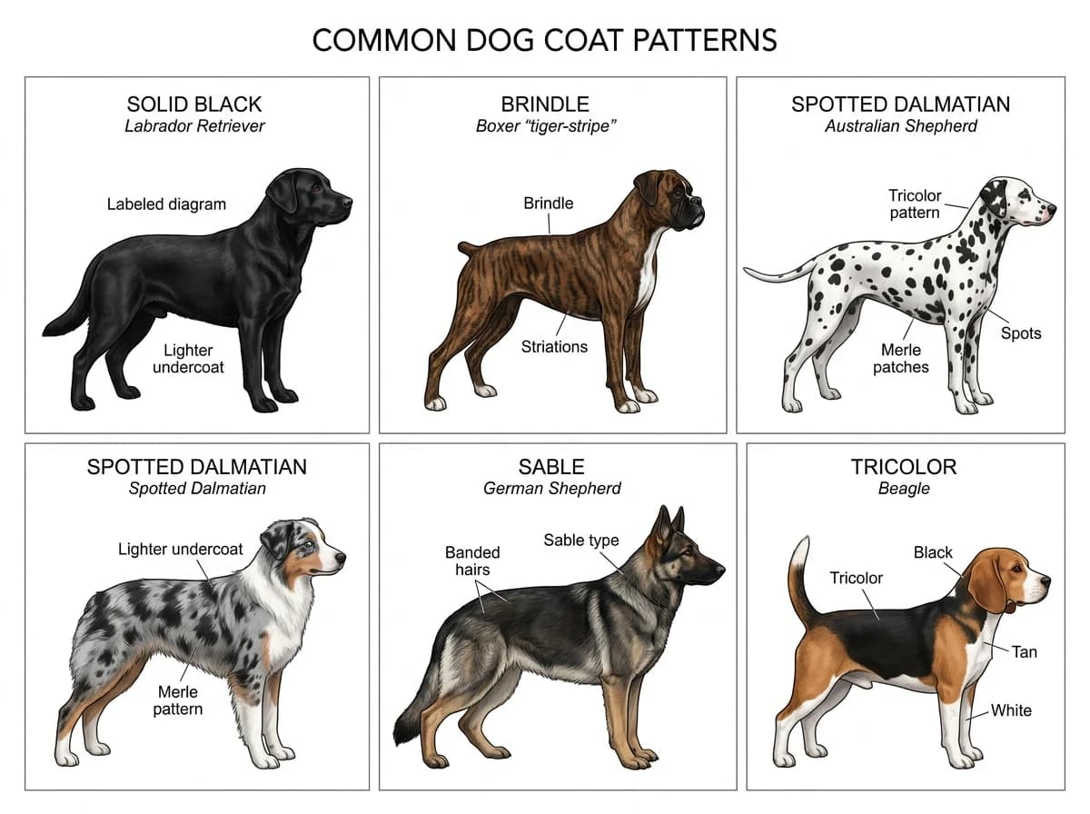 Schaubild: häufige Hundefellmuster im Überblick — Einfarbig, Zweifarbig, Dreifarbig, Gestromt, Merle, Piebald