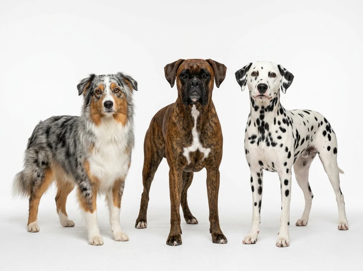 Überblick verschiedener Hundefellmuster — Merle, Brindle, Tricolor, Sable und mehr