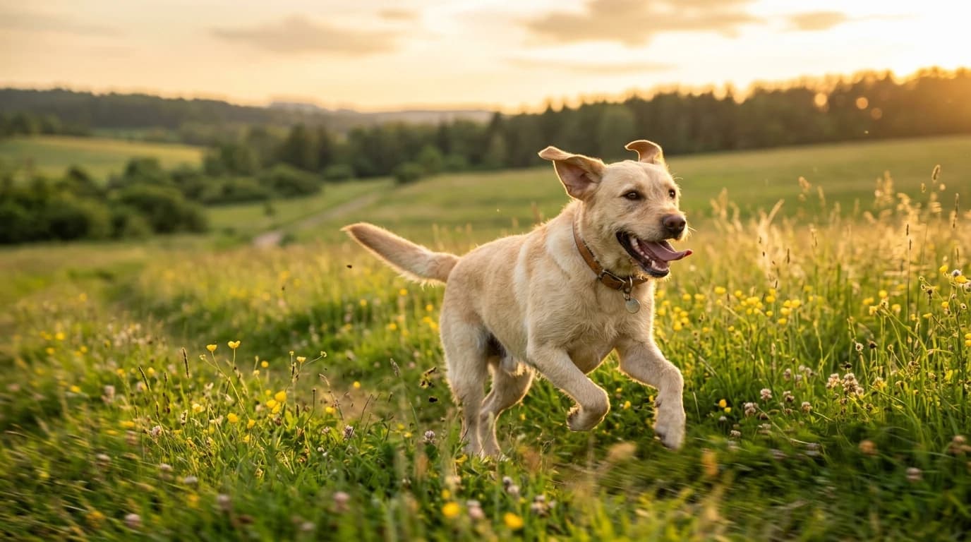 Labrador läuft durch eine sonnige Wiese