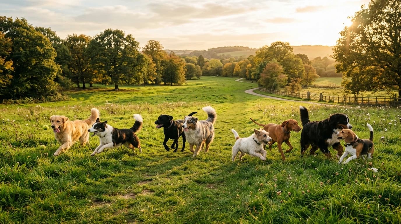 Hund läuft glücklich durch eine sonnige Wiese — Bellobasis Hintergrundmotiv